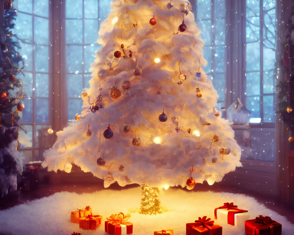 White Christmas tree with warm lights and ornaments in cozy snow-covered room