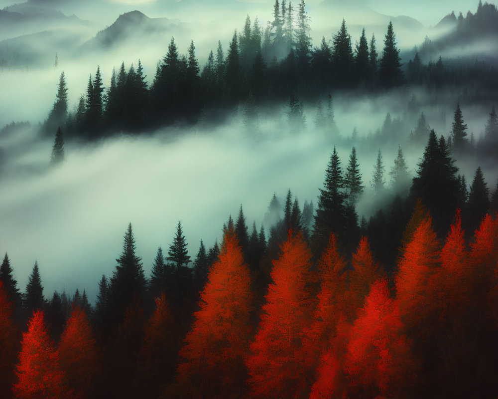 Mystical forest landscape with mist, evergreen trees, autumn foliage, and overcast sky