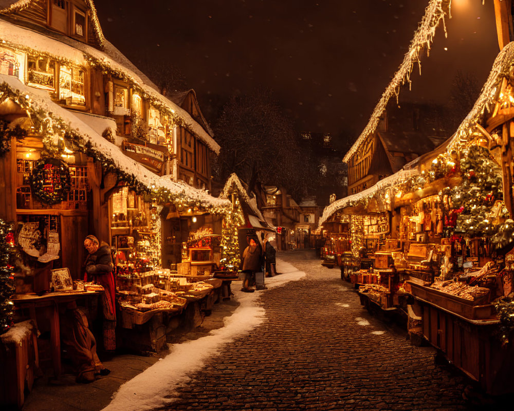 Festive holiday market on snowy cobblestone street