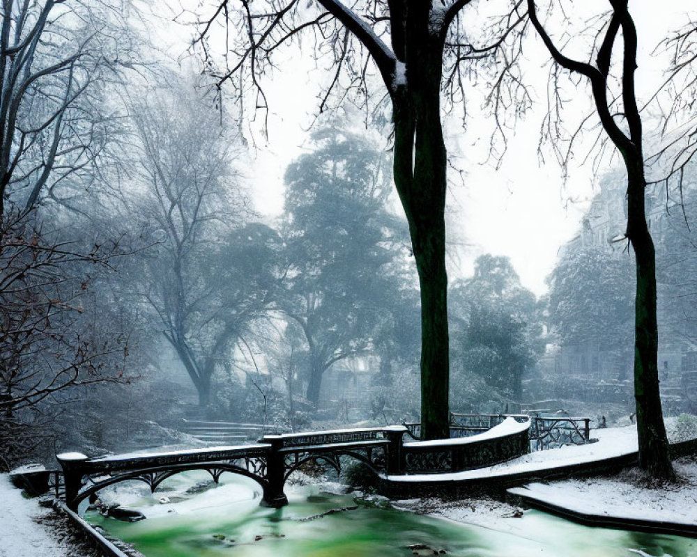 Snowy Park Scene: Bare Trees, Frozen Stream, Foggy Background