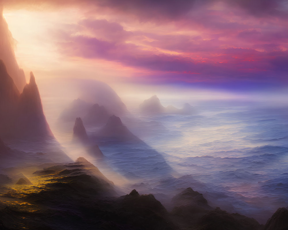 Scenic sunset over misty ocean with towering cliffs.