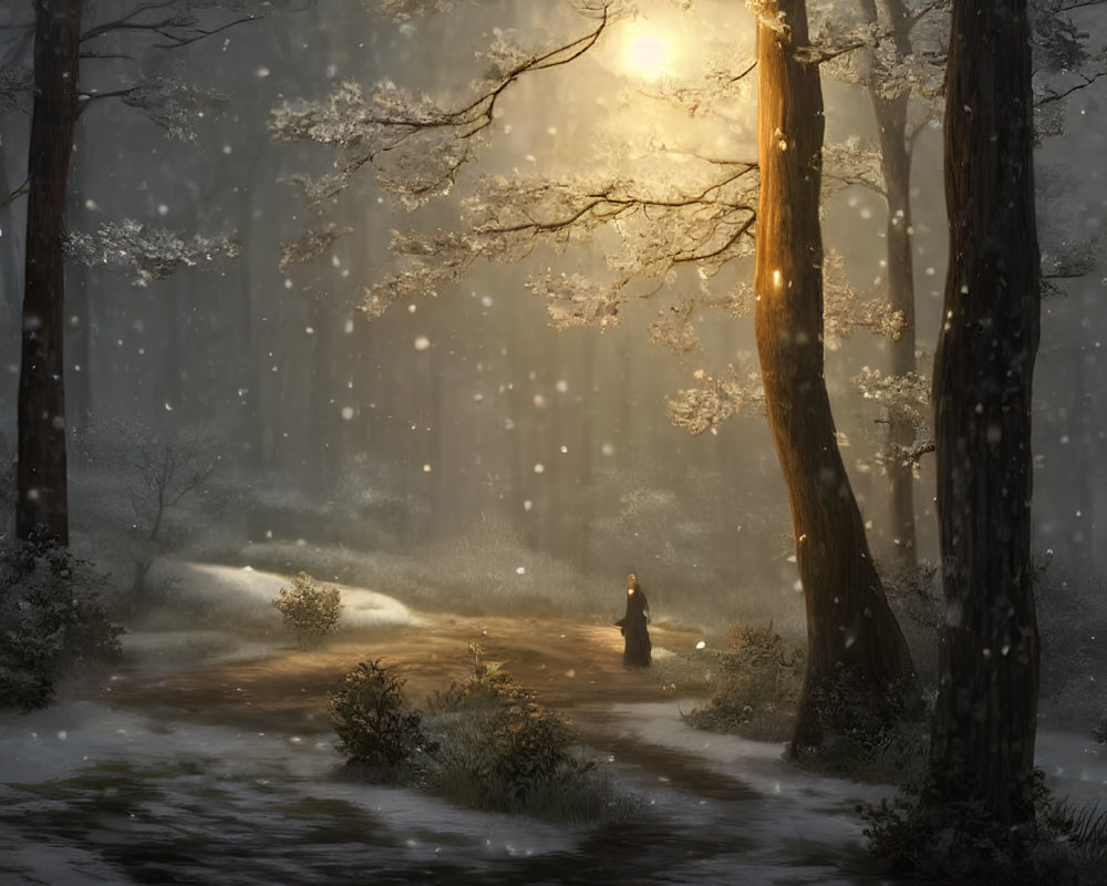 Snowy forest scene with lone figure walking in sunlight