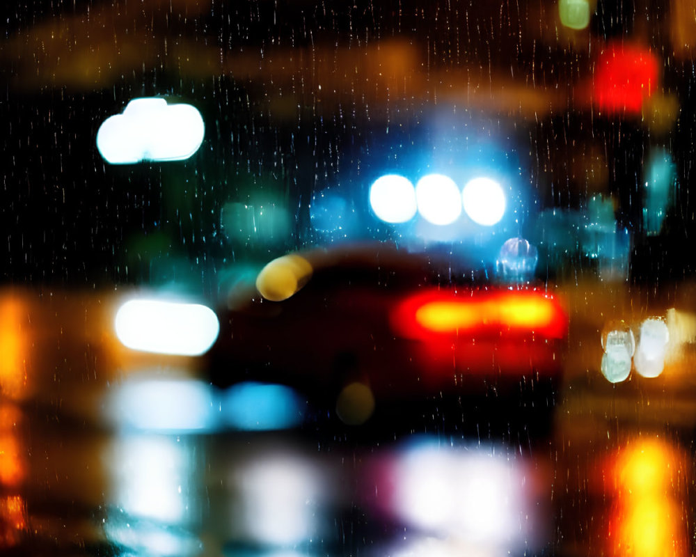 Blurred car tail lights on rain-soaked city street at night