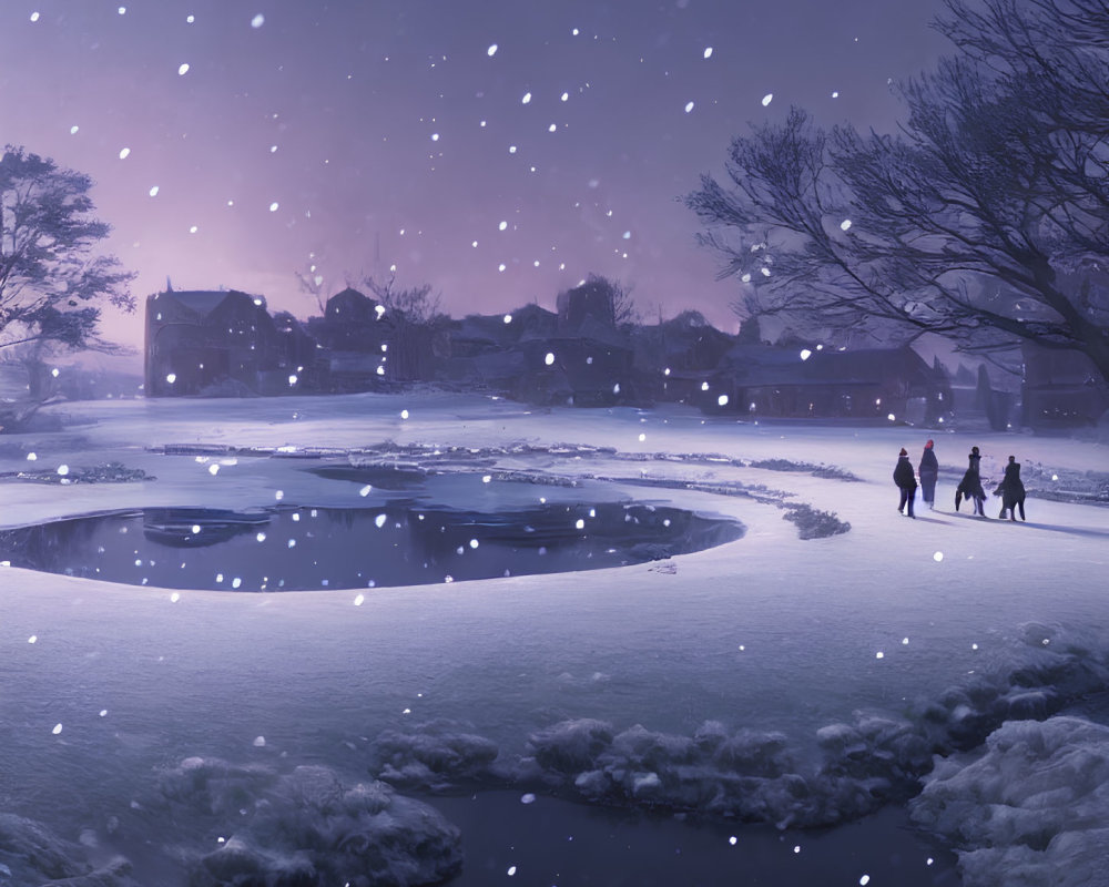 Winter Dusk Scene: People Walking by Frozen Pond in Snowfall