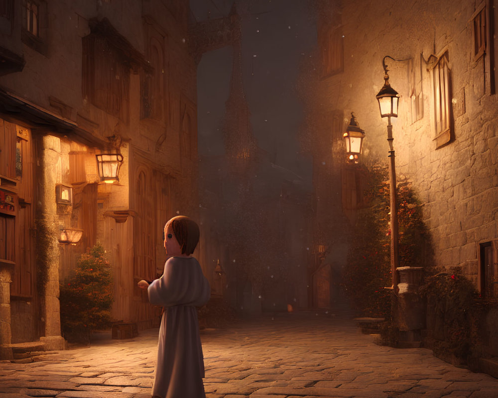 Child in white robe gazes at glowing street lamps in medieval alleyway