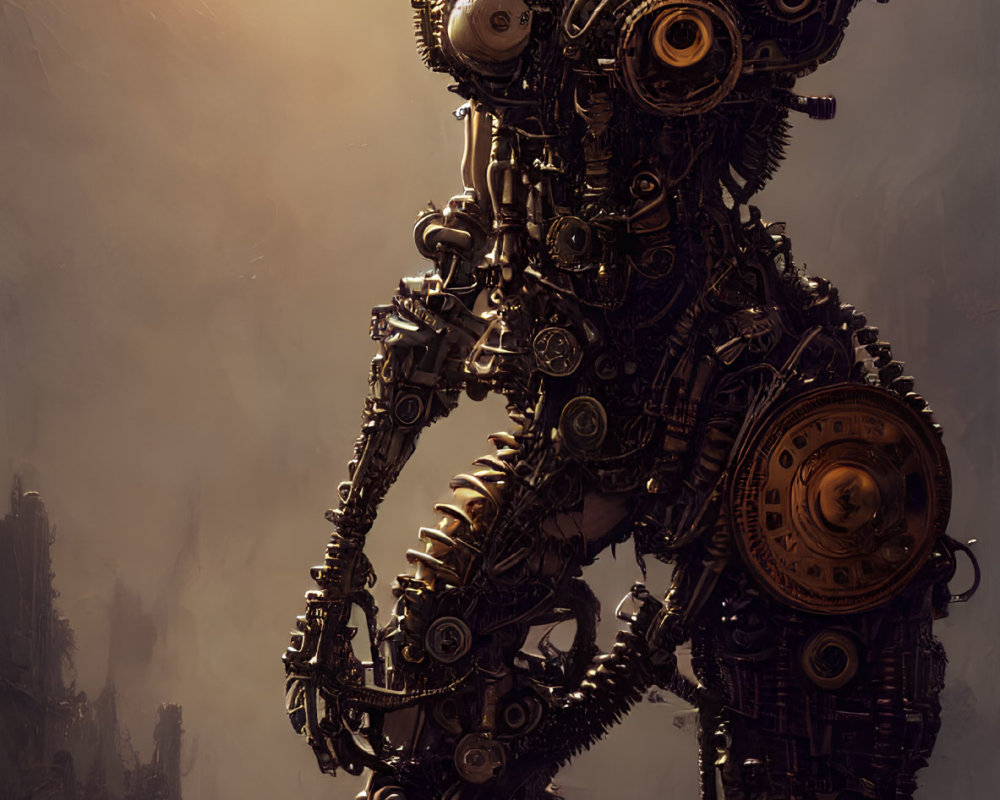 Intricate digital artwork of female form with mechanical parts against amber-lit backdrop