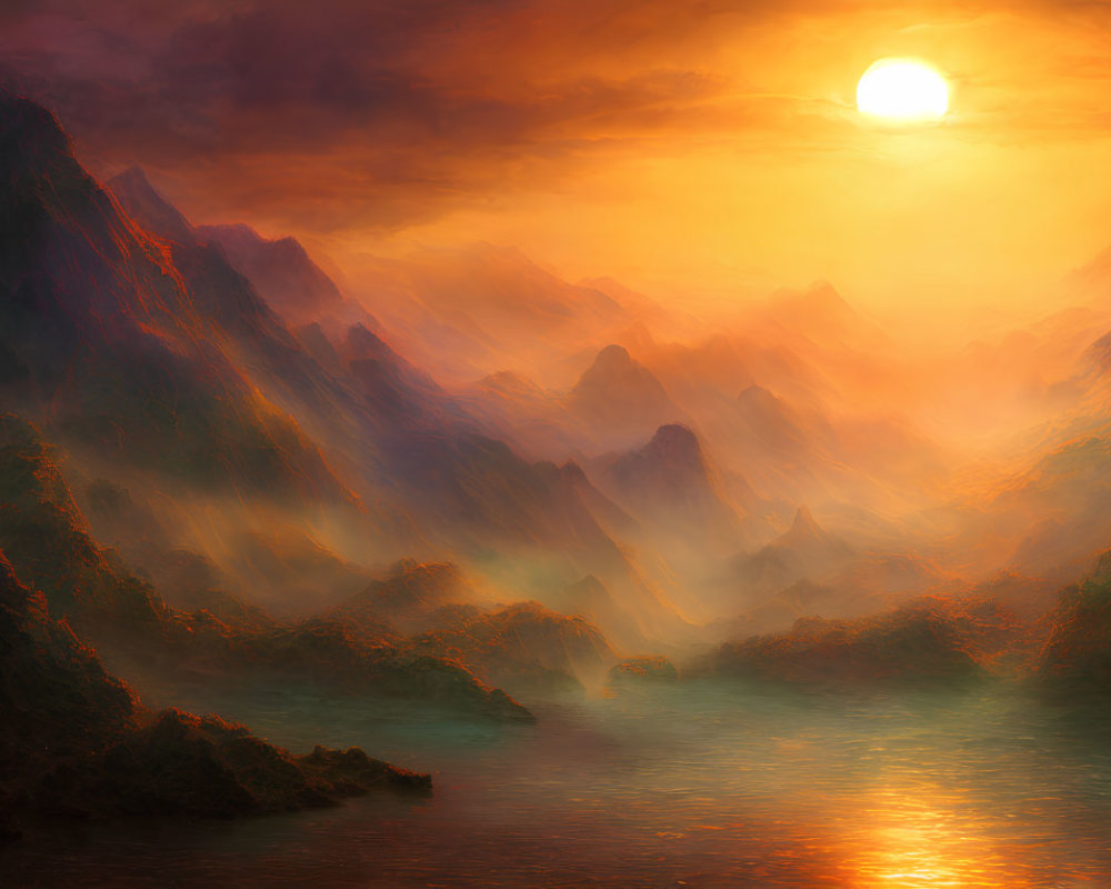 Surreal sunset over misty mountains with river reflection