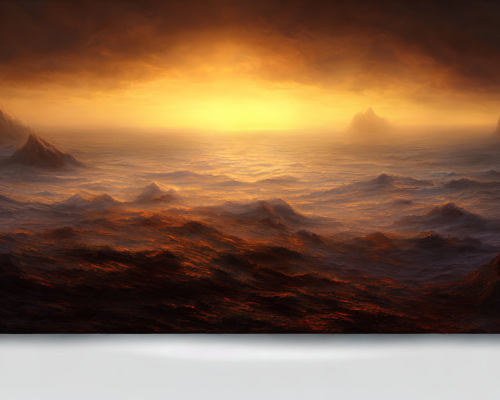 Vivid sunset over tumultuous sea with orange waves and dark peaks