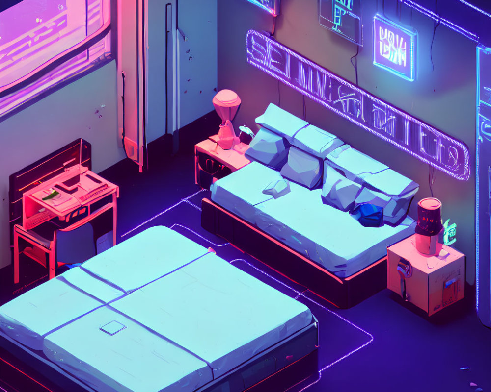 Neon-lit room with cyberpunk aesthetic and glowing signs.