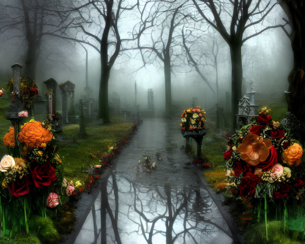 Foggy cemetery with rose-adorned graves and bare trees