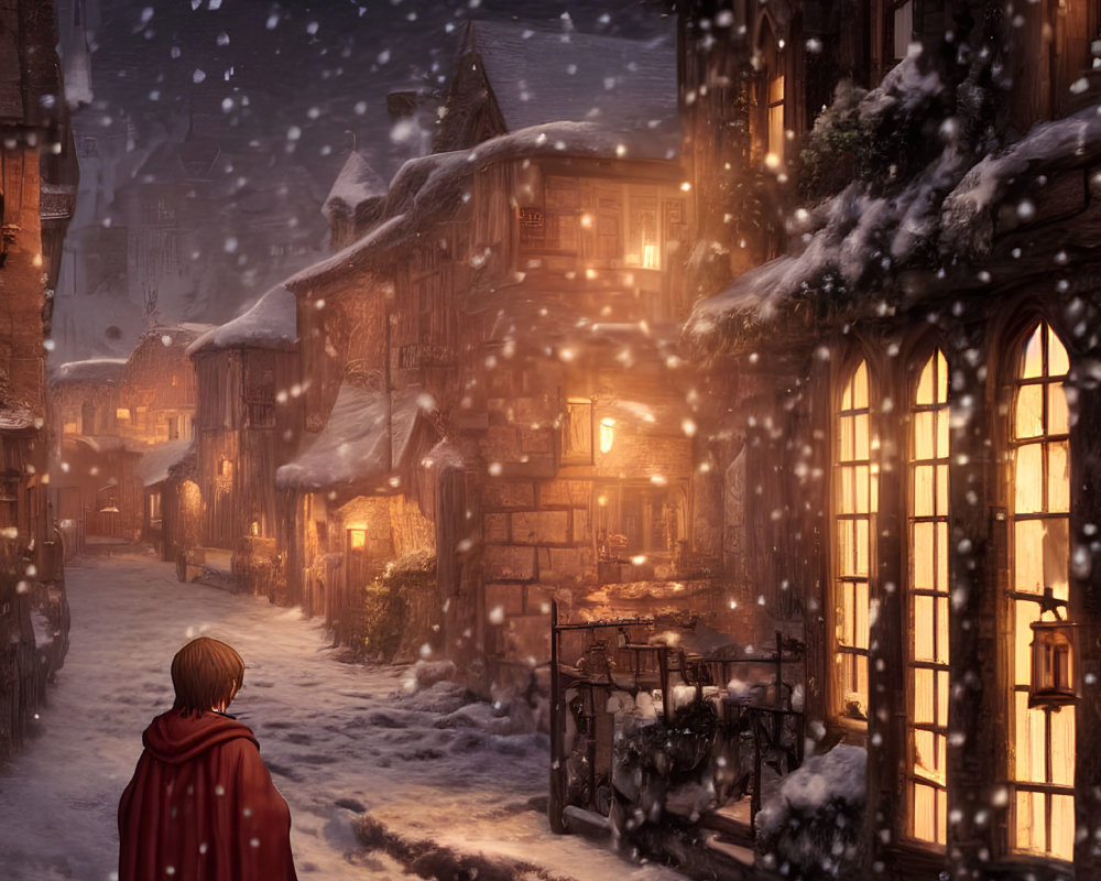 Person in Red Cloak Observing Snowy Cobblestone Street at Winter Nightfall