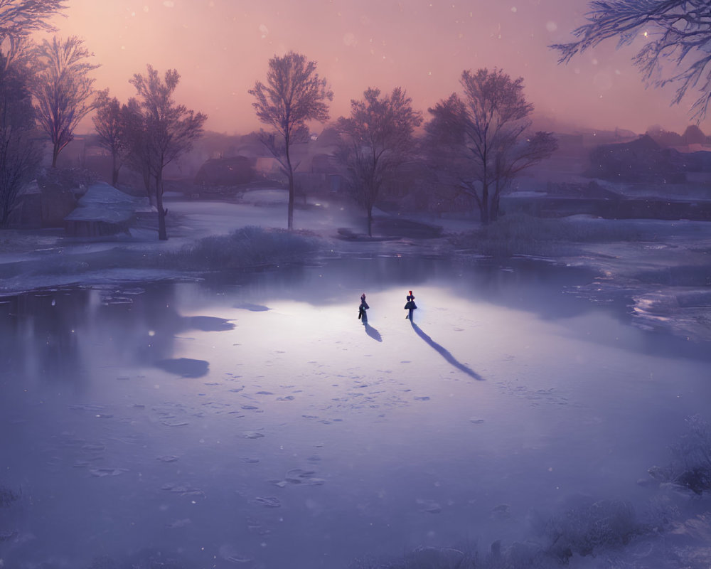 Winter scene: Two people ice skate in snowy dusk landscape