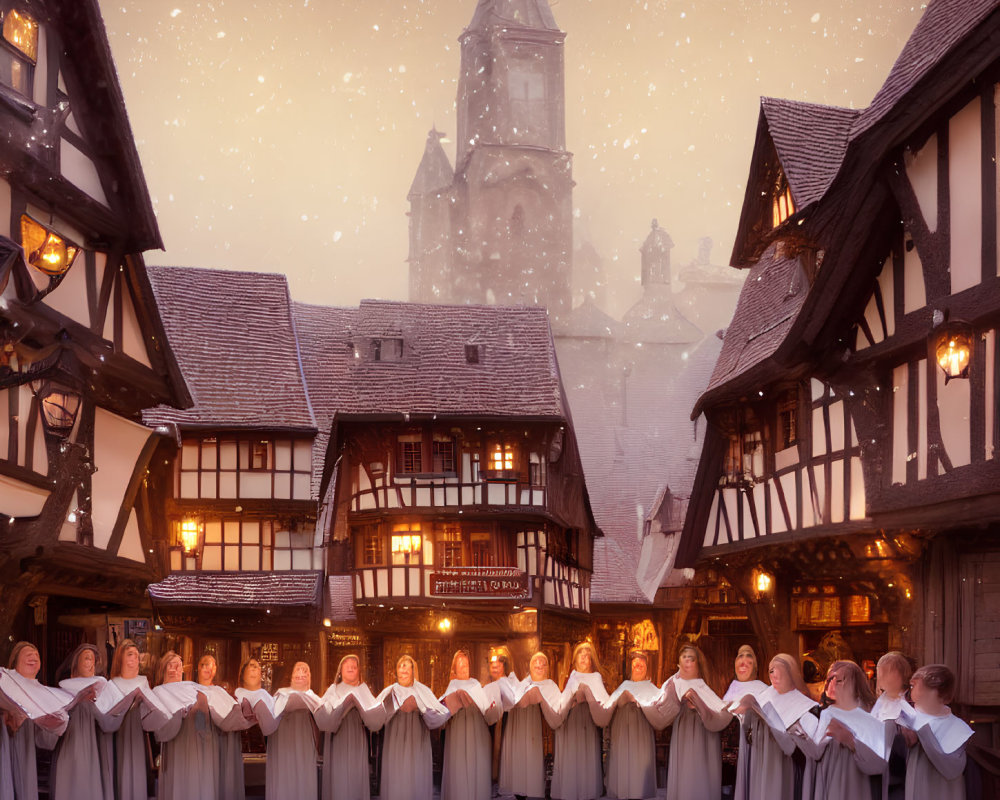 Choir in white robes sings in snow-dusted village square