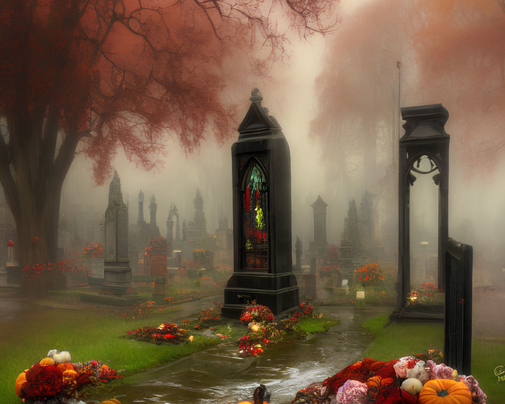 Misty cemetery scene with flowers, pumpkins, glass monument, and red trees.