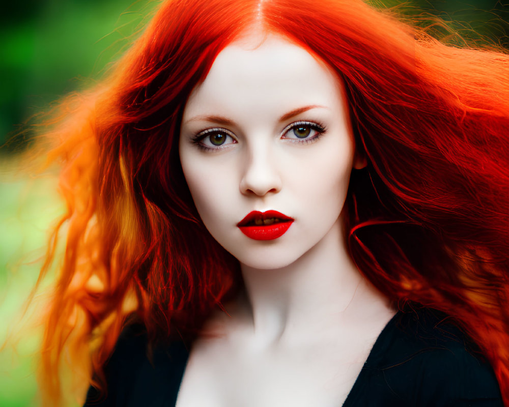 Vibrant red hair and lipstick portrait on blurred green background