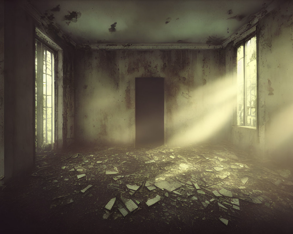 Abandoned room with peeling walls and beams of light