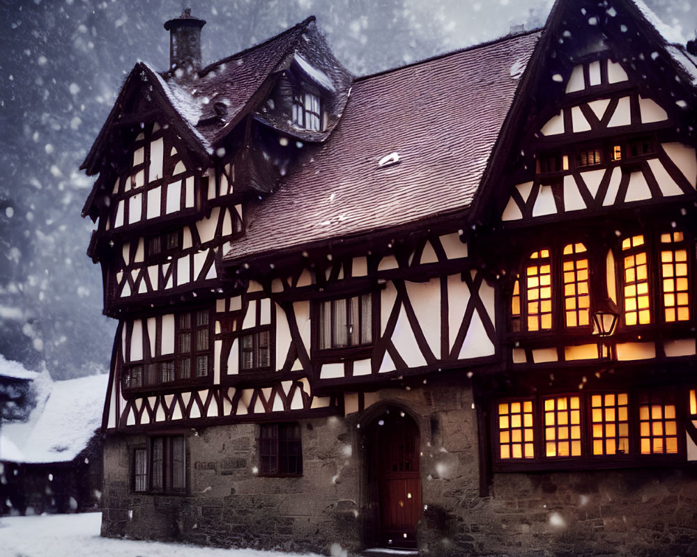 Snow-covered half-timbered house with lit windows in cozy winter scene