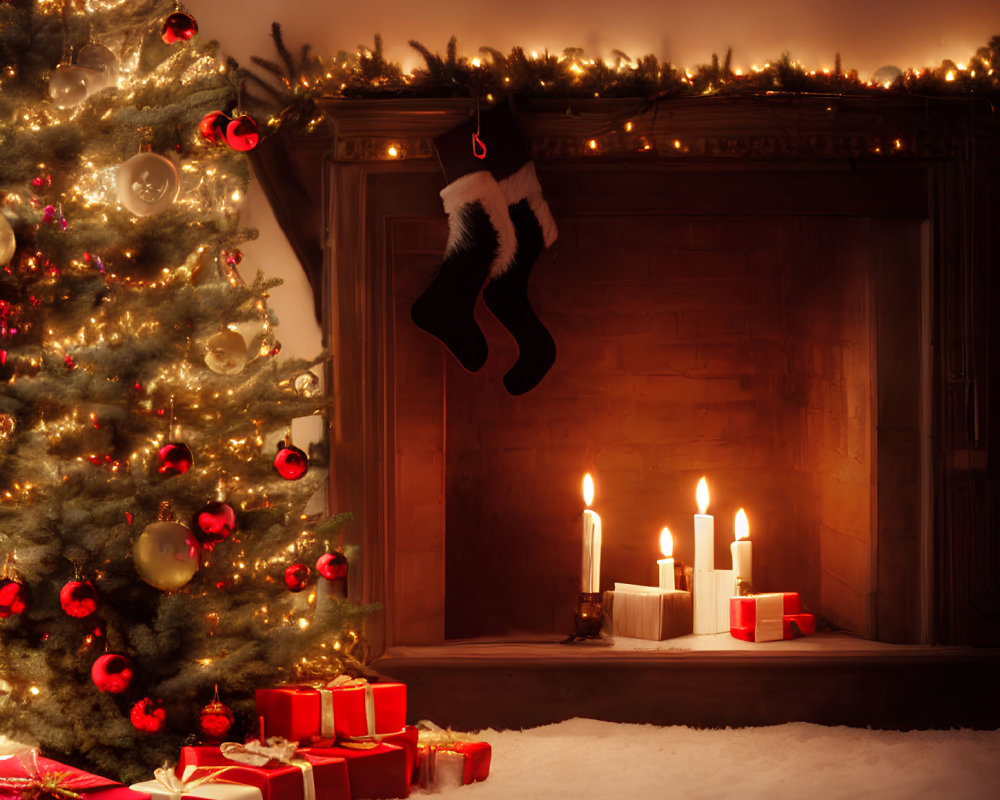 Festive Christmas scene with decorated tree, gifts, stockings, candles, and snow