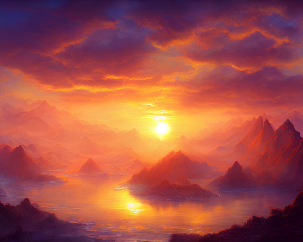 Majestic sunrise over mystical landscape with mountain peaks and tranquil water