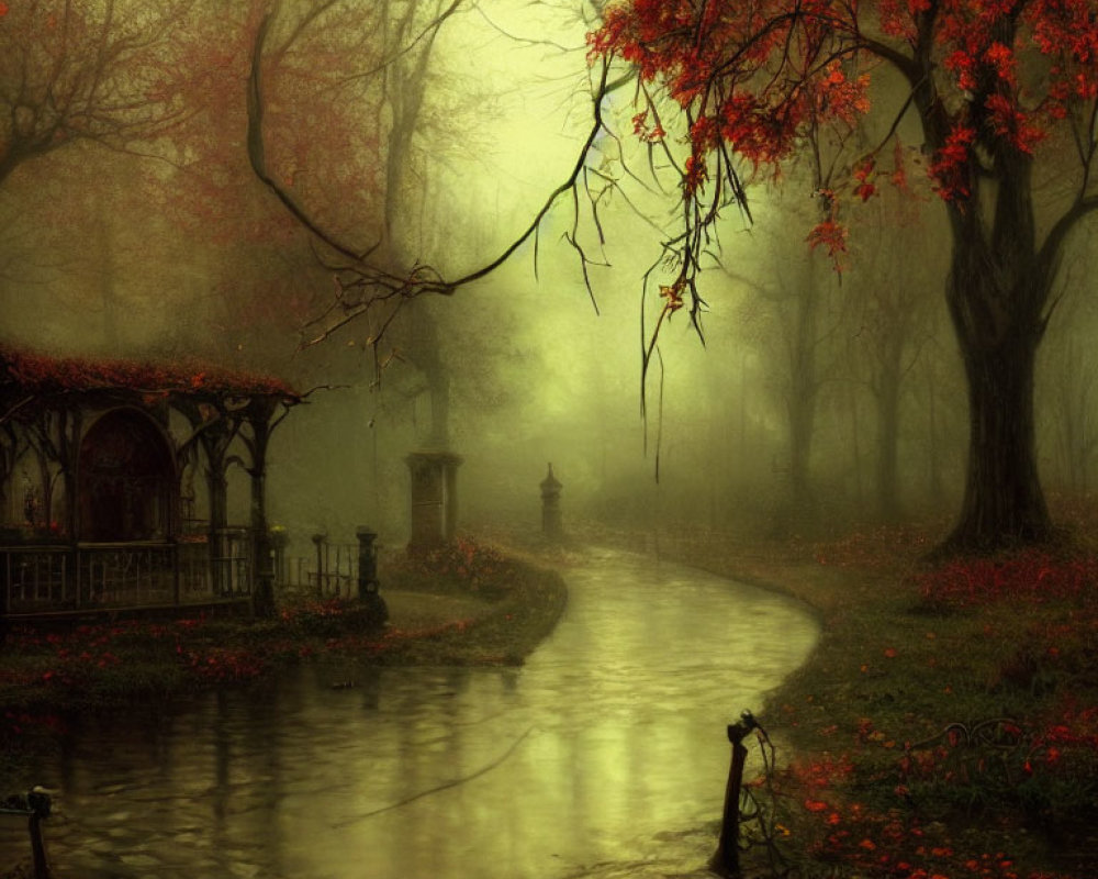 Misty landscape with river, red trees, gazebo, and golden light