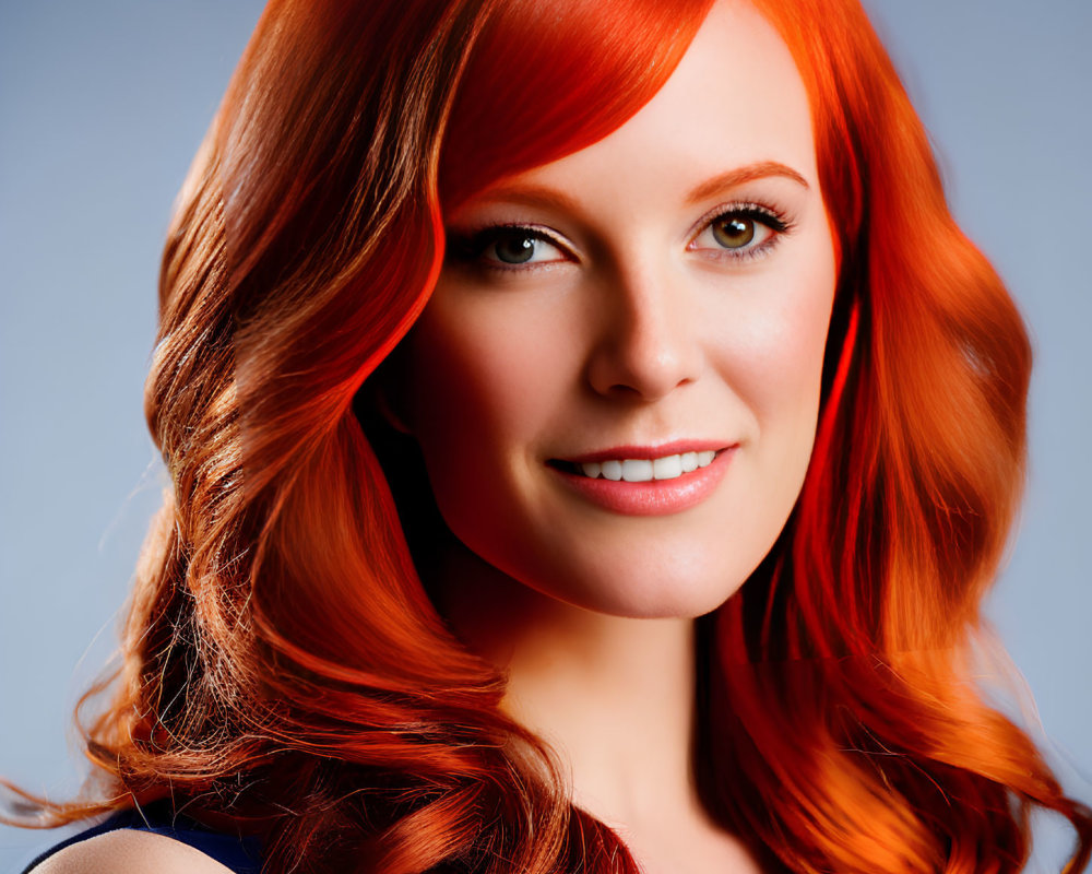 Portrait of Woman with Vibrant Red Curly Hair and Warm Smile on Blue Background