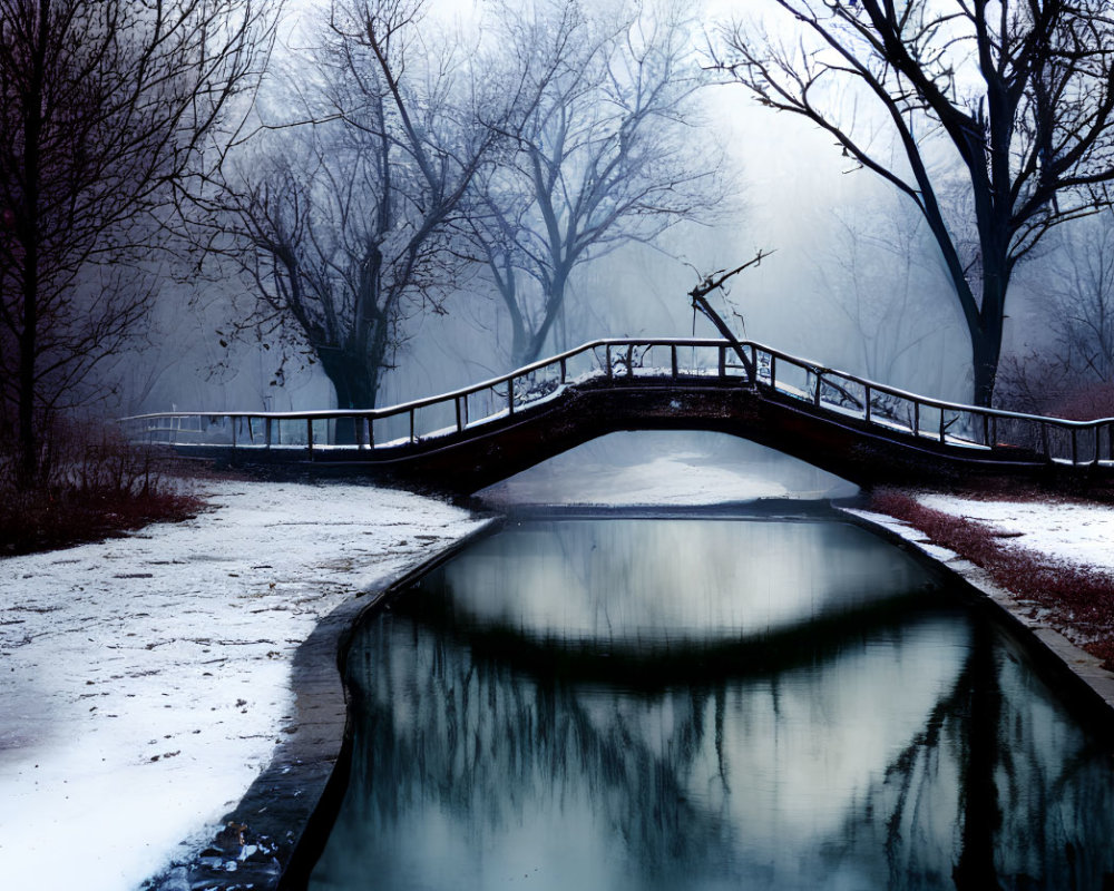 Snowy Winter Landscape with Bridge Over River