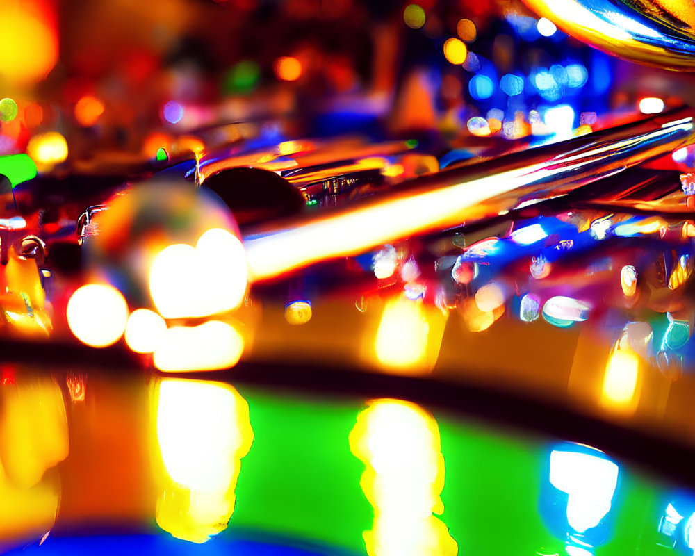 Colorful, Shiny Pinball Machine Elements with Vibrant Lights and Reflections