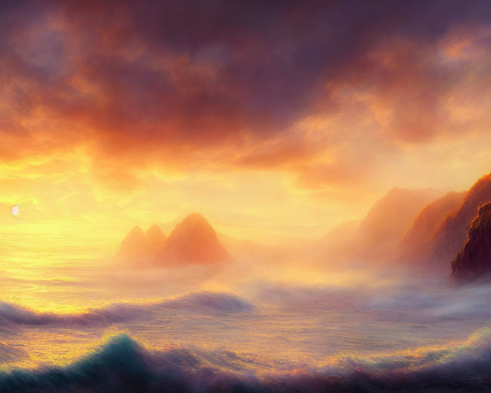 Vivid Sunset with Fiery Clouds over Misty Sea Waves