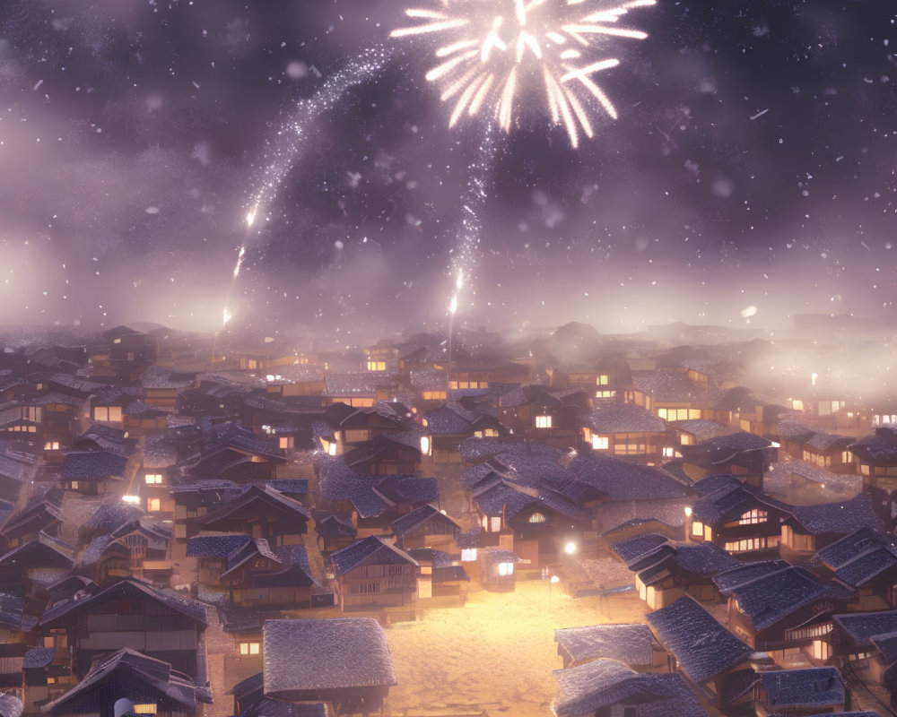 Traditional houses lit by warm street lights in old village at night with fireworks display