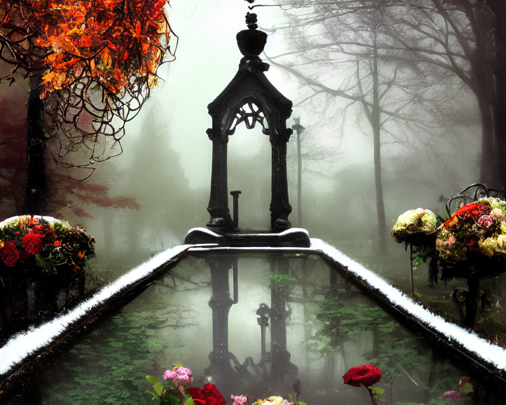 Gothic fountain with ornate details in misty forest setting