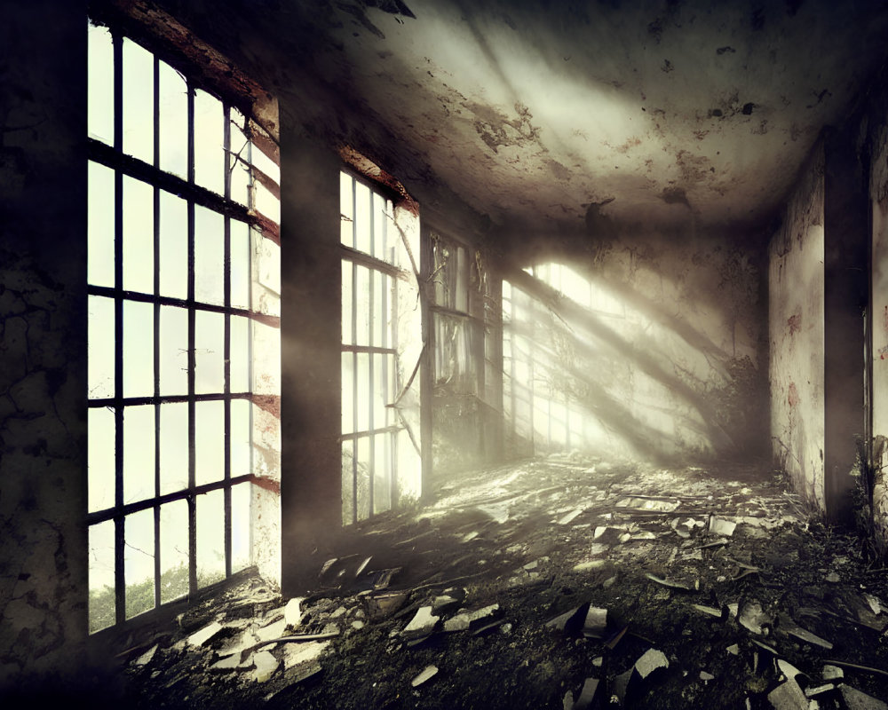 Abandoned room with sunlight, debris, and peeling walls