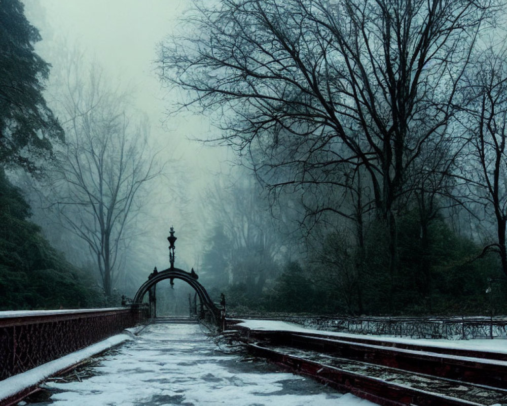 Snowy Path Leading to Bridge on Foggy Day with Bare Trees