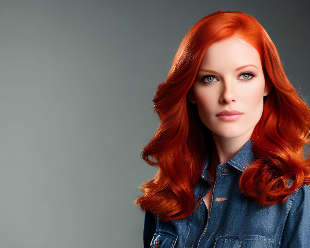 Vibrant red-haired woman in denim shirt on grey background