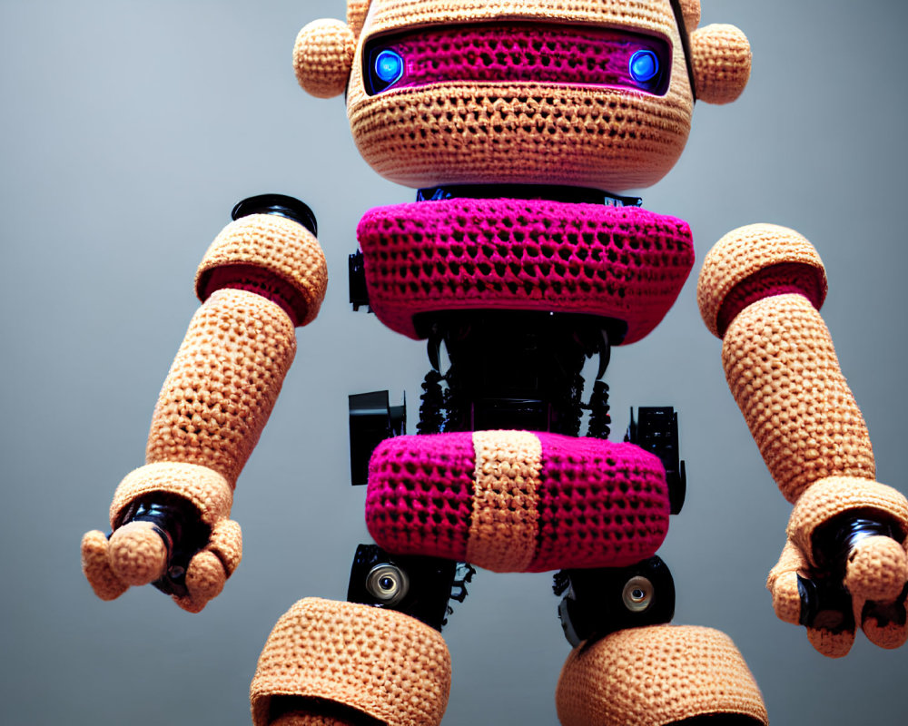 Crochet-covered robot with blue illuminated eyes on neutral background