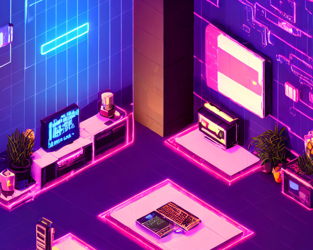 Vibrant Neon-lit Retro-Futuristic Room with Cyberpunk Aesthetic