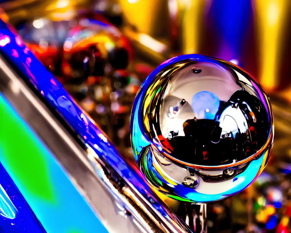 Colorful Pinball Machine with Shiny Silver Ball and Arcade Lights