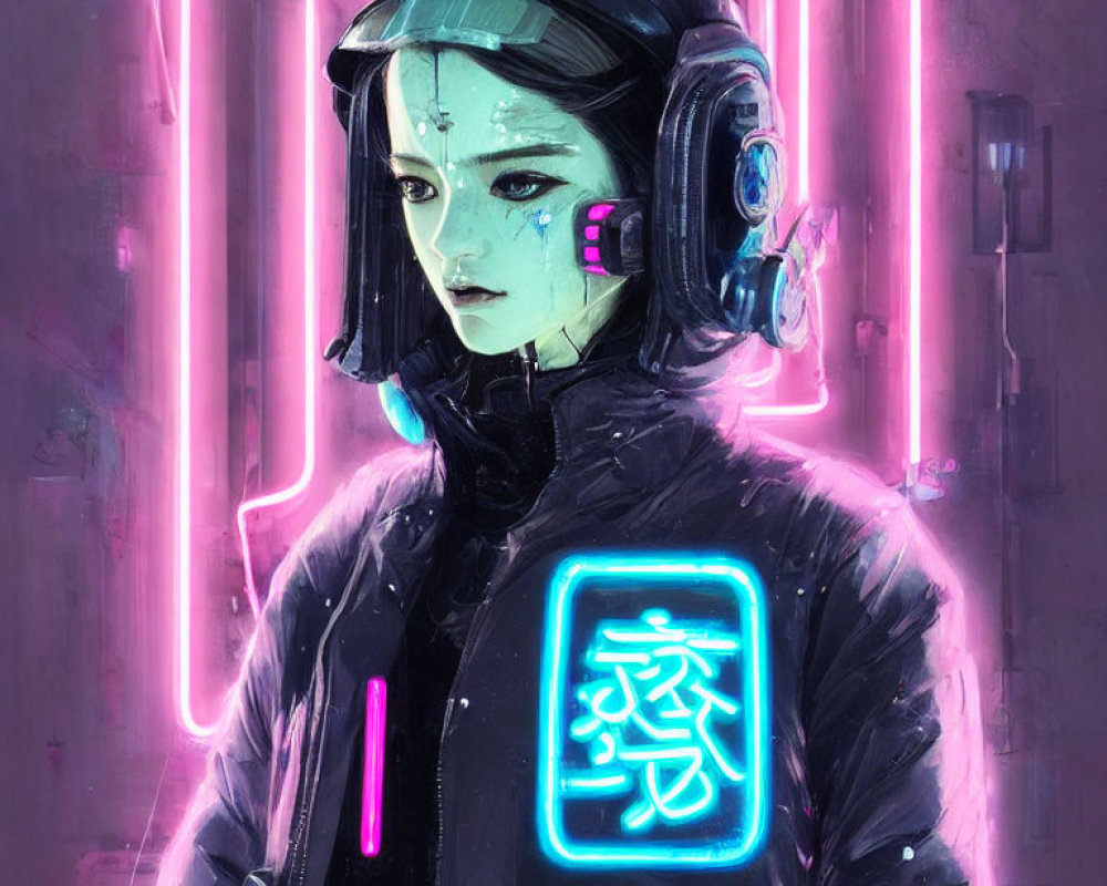 Cyberpunk-themed digital artwork with neon lighting and Asian script.