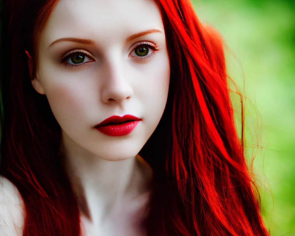 Vibrant red hair and green eyes portrait with red lipstick on blurred green background