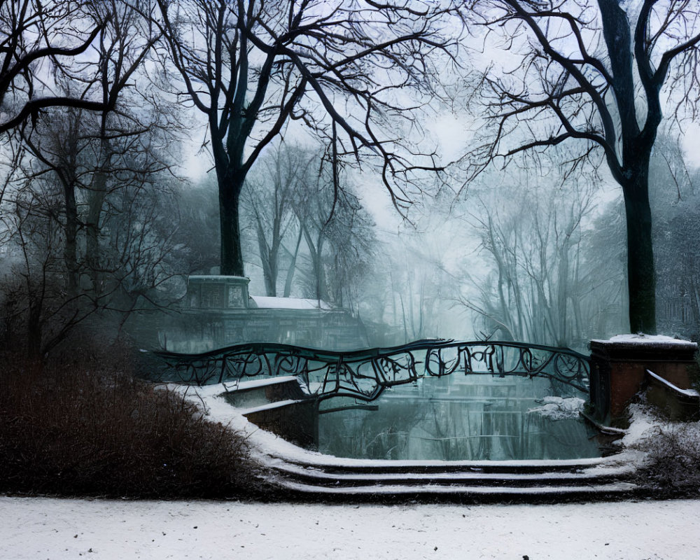 Snowy Park with Graffiti Bridge, Foggy Trees, and Lamp Post