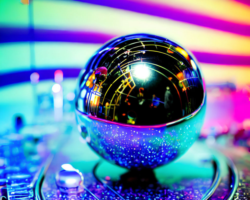 Crystal ball reflecting vibrant laser lights and circuitry for a futuristic tableau