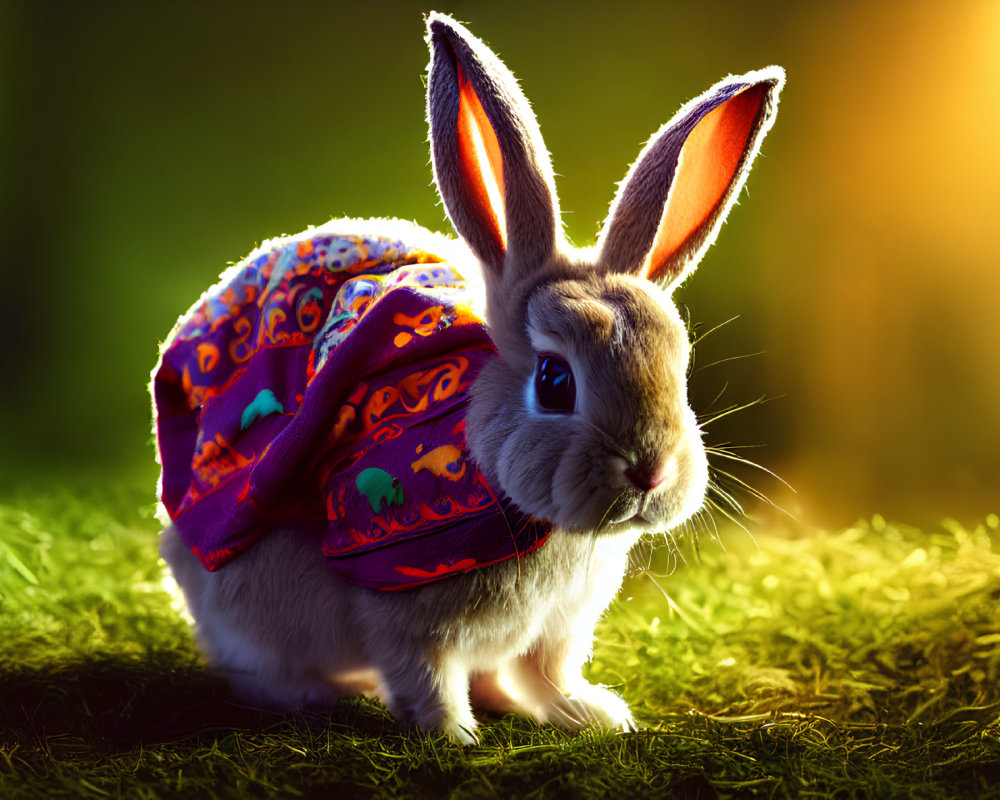 Colorful Outfit Rabbit on Grass in Sunny Background