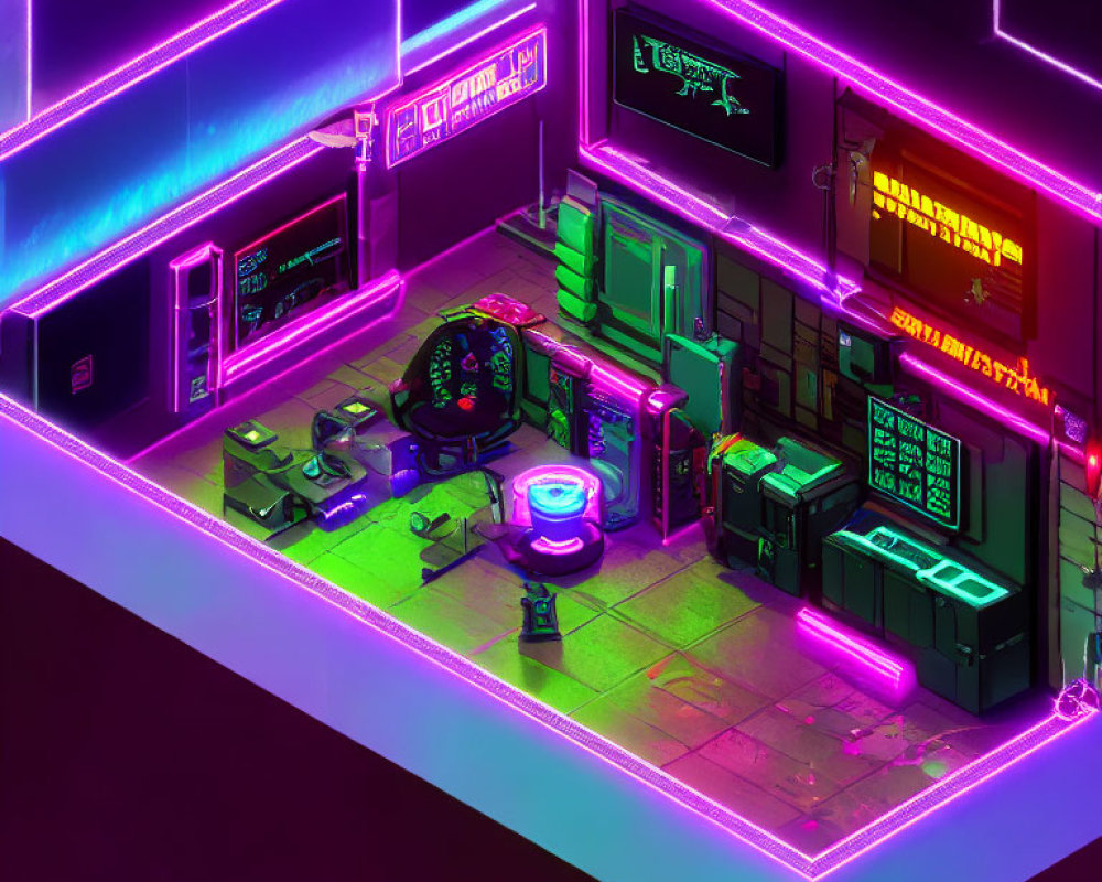 Futuristic Cyberpunk Room with Neon Lighting & Gaming Setup