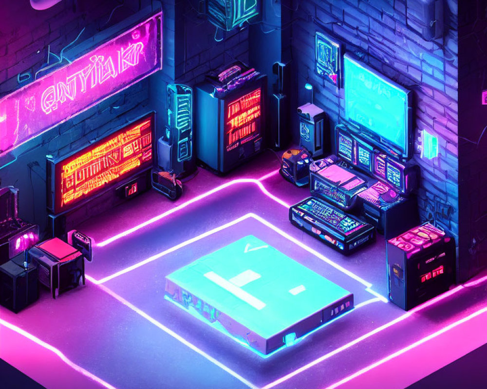 Neon-Lit Cyberpunk Alley with Glowing Signs and Arcade Machines