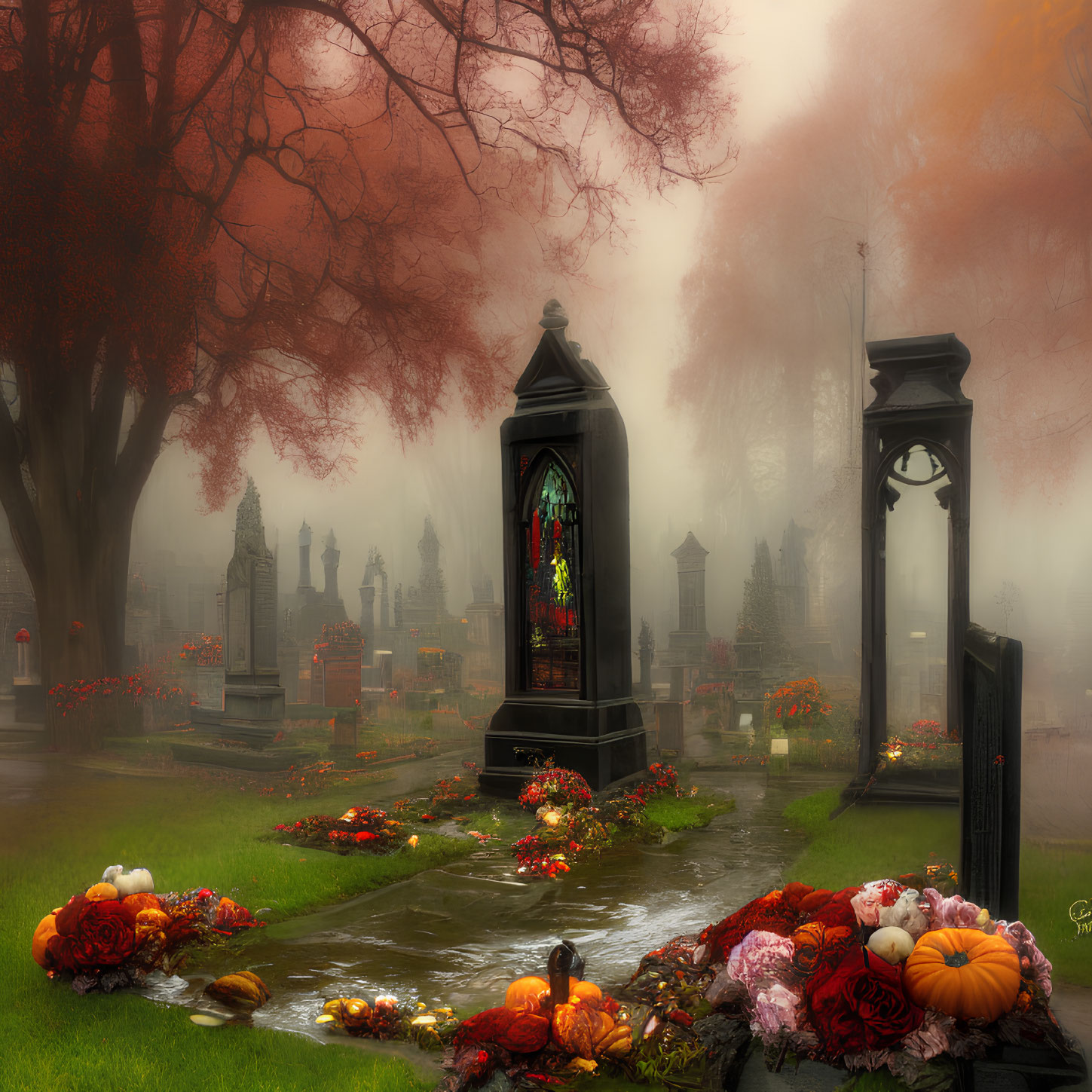 Misty cemetery scene with flowers, pumpkins, glass monument, and red trees.