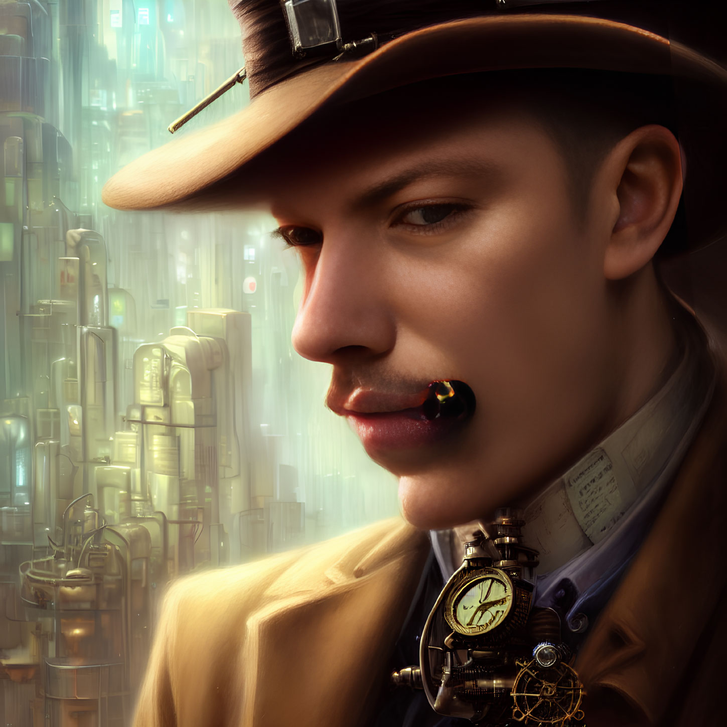 Steampunk-themed man with detective hat and cogwheel monocle in futuristic city setting