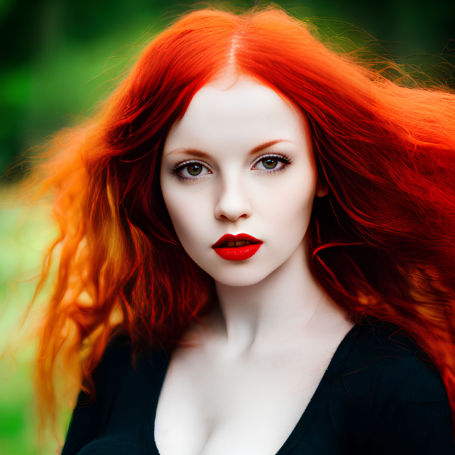 Vibrant red hair and lipstick portrait on blurred green background