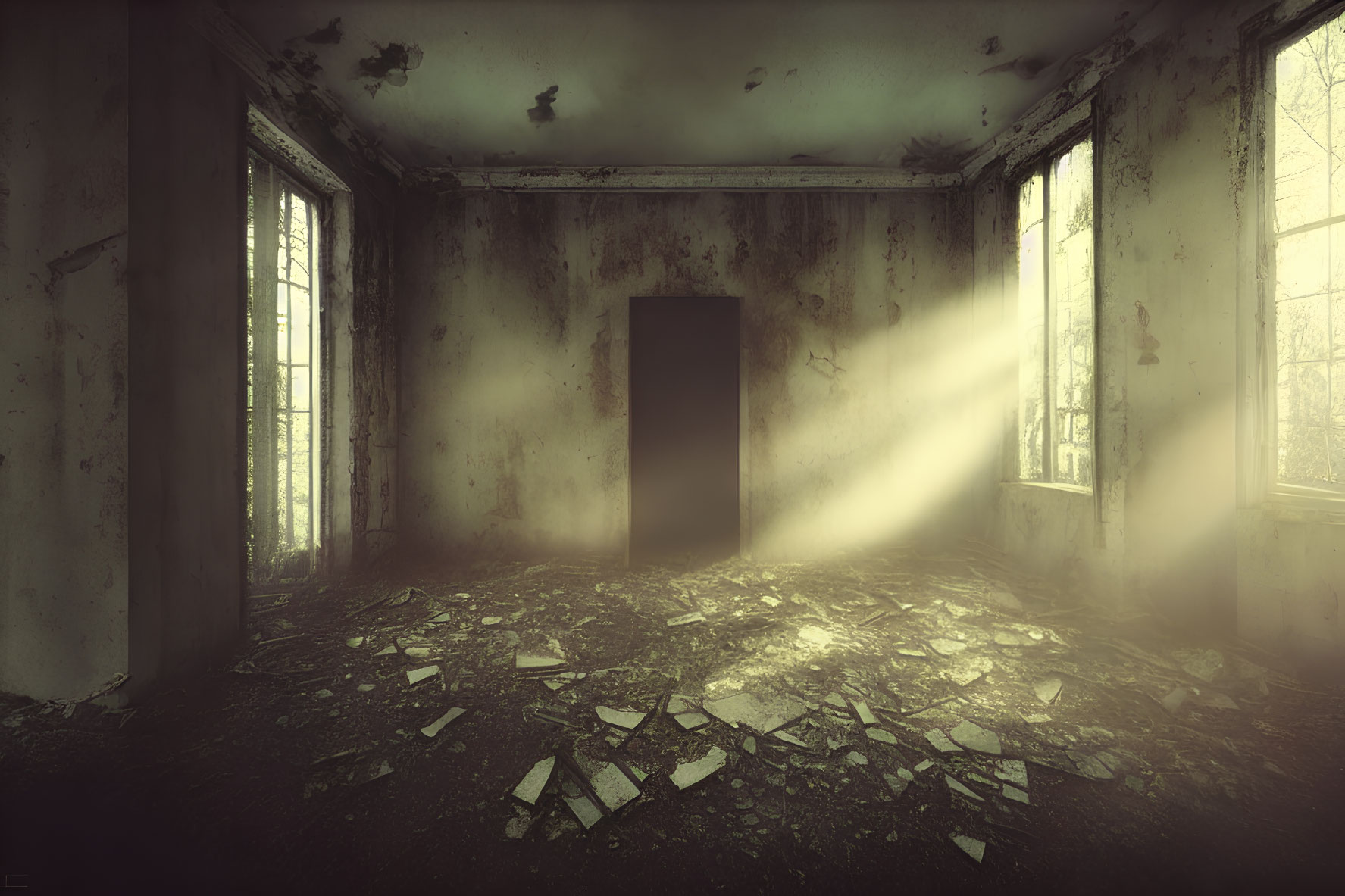 Abandoned room with peeling walls and beams of light