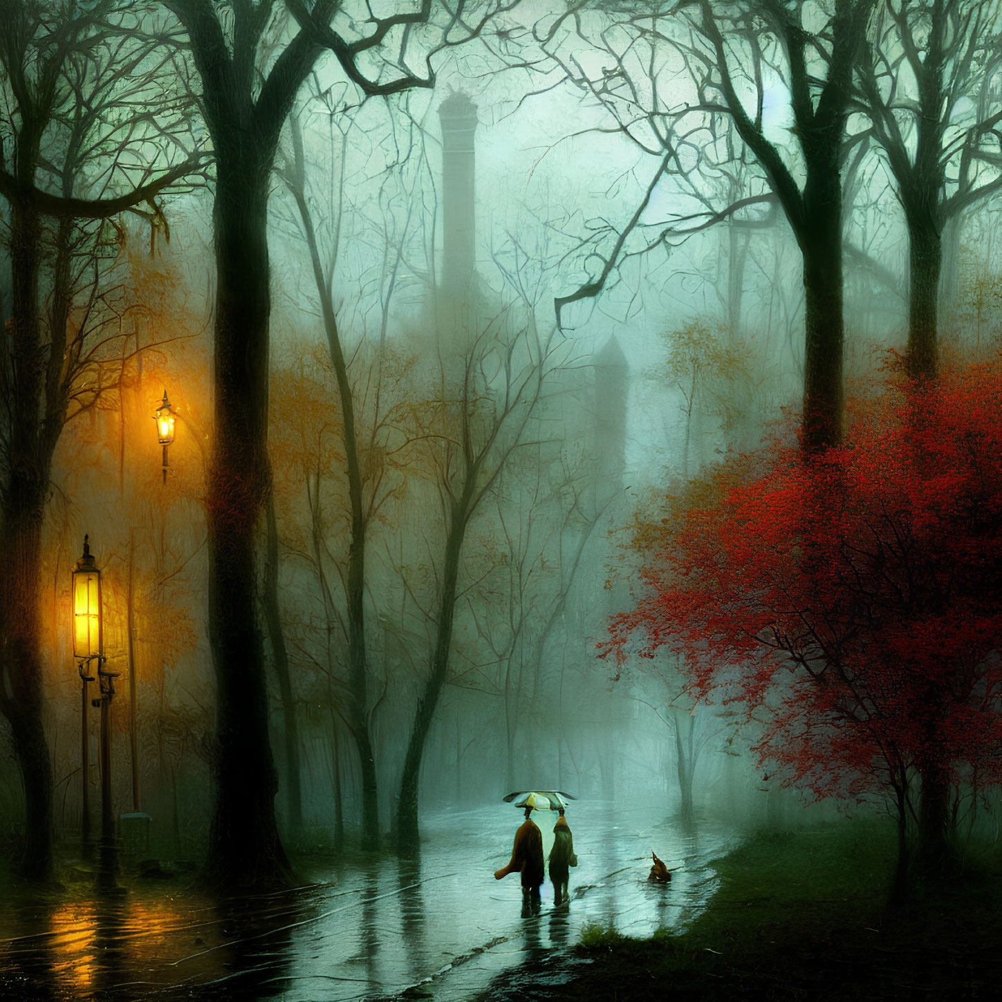 Misty scene with two people, dog, street lamps, red foliage, bare trees, tower