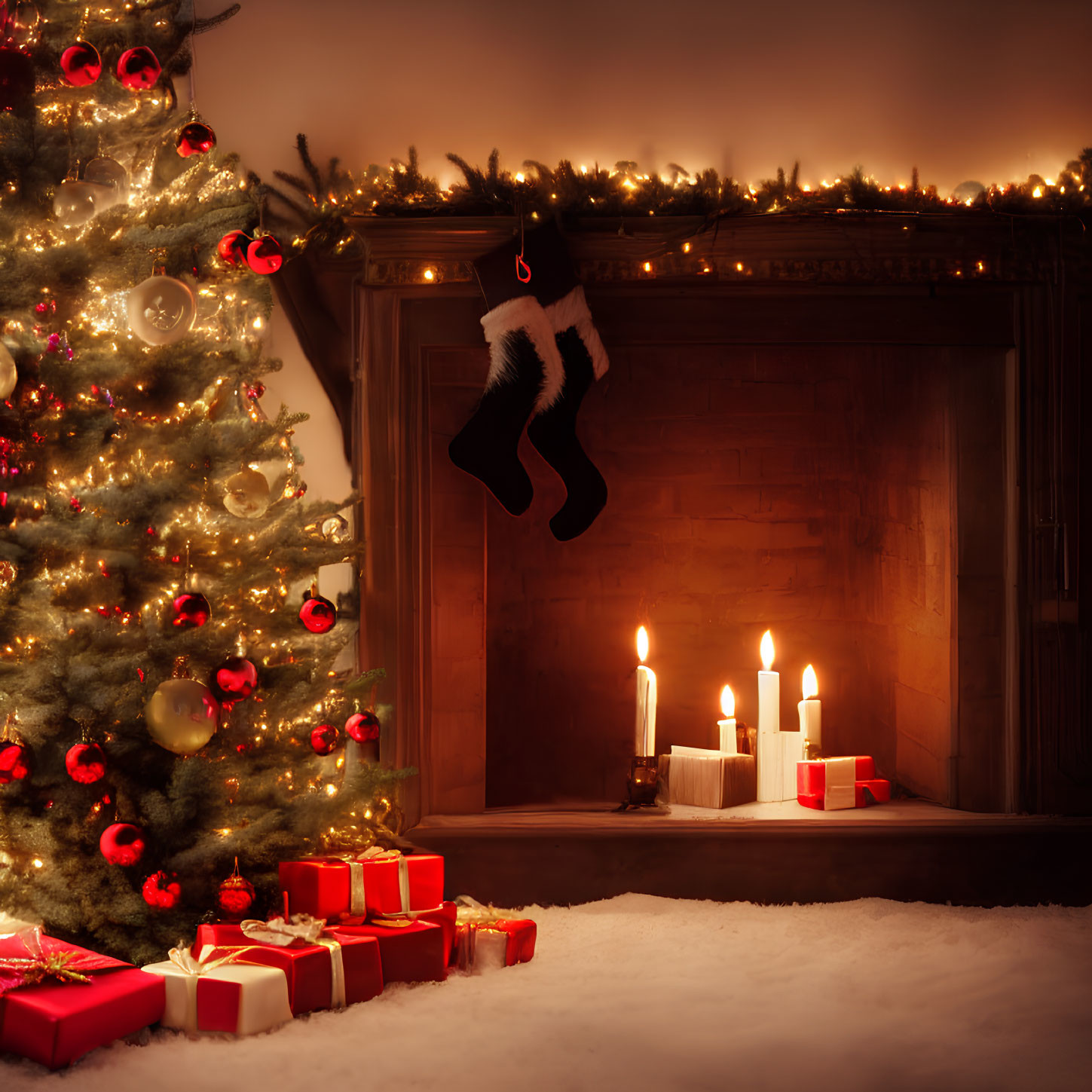 Festive Christmas scene with decorated tree, gifts, stockings, candles, and snow