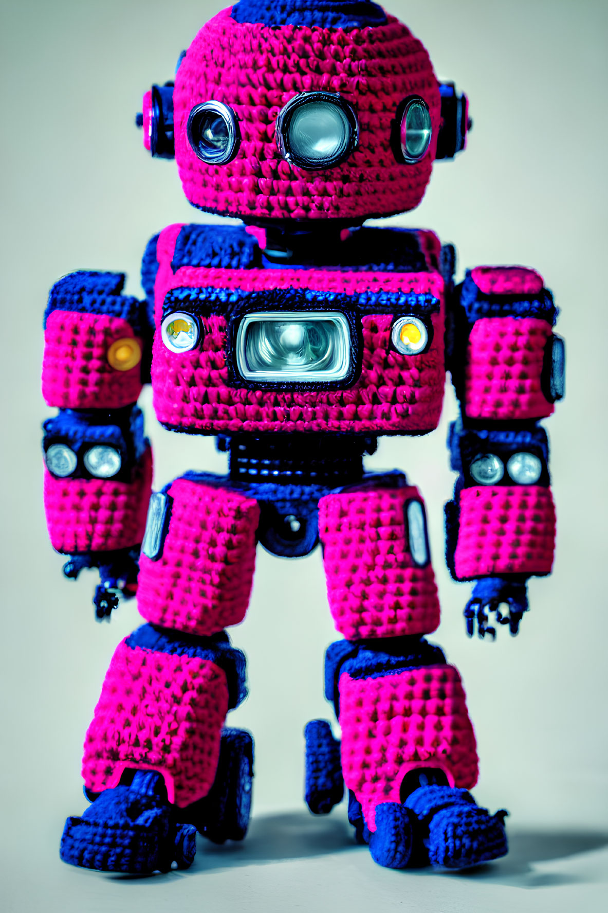 Colorful Knitted Toy Robot with Pink and Blue Theme